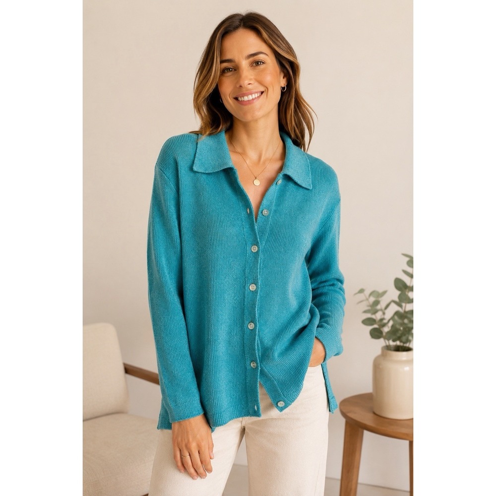 Denim & Co Womens 1X Turquoise Chenille Button Front Long Cardigan Sweater